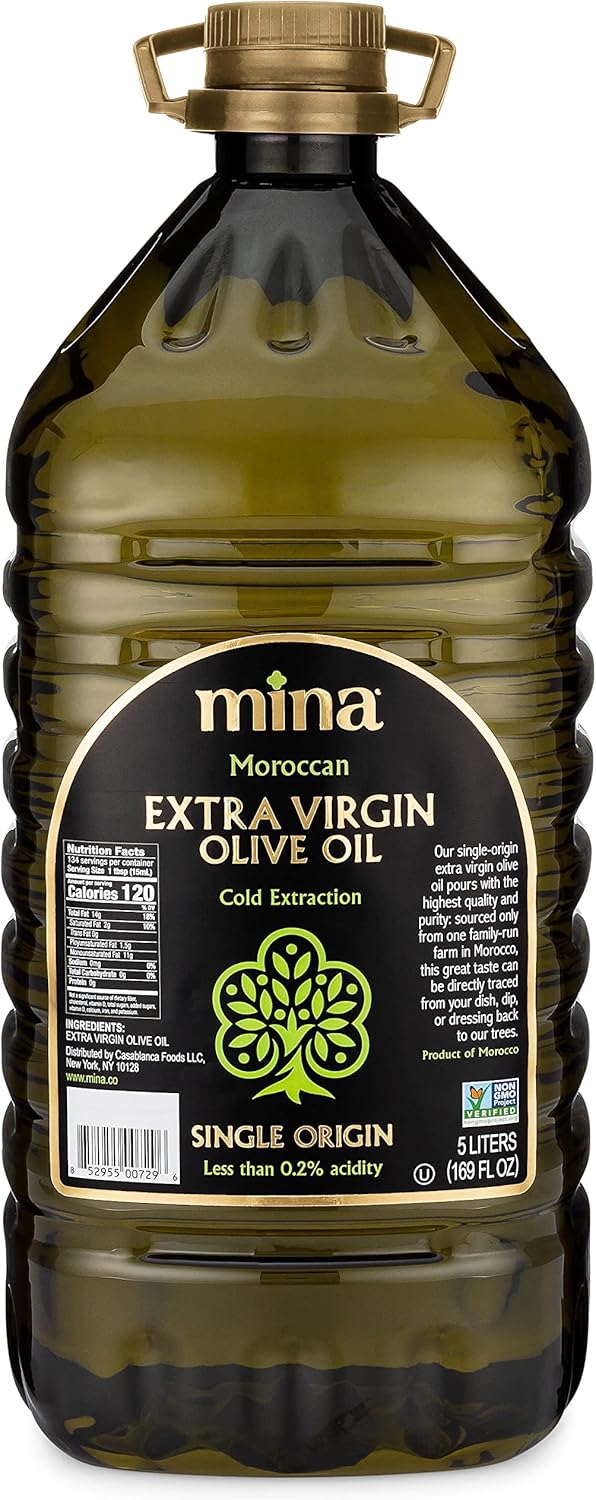 Mina Moroccan Olive Oil Extra Virgin 169 Fl Oz, New Harvest, Polyphenol Rich Olive Oil, Single Origin Extra Virgin Olive Oil, Cold Extraction, Less than 0.2% Acidity, 5 L