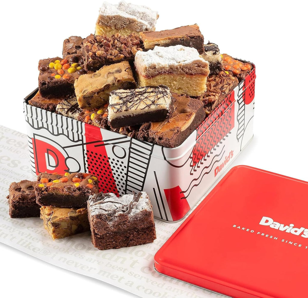 David's Cookies Assorted Brownies & Crumb Cake Gift Tin 3Lbs - Delicious, Fresh Baked Snacks, Gourmet Chocolate Fudge Slices, Brownies Gift Basket - Ideal Gift for Superbowl & Other Special Occasions