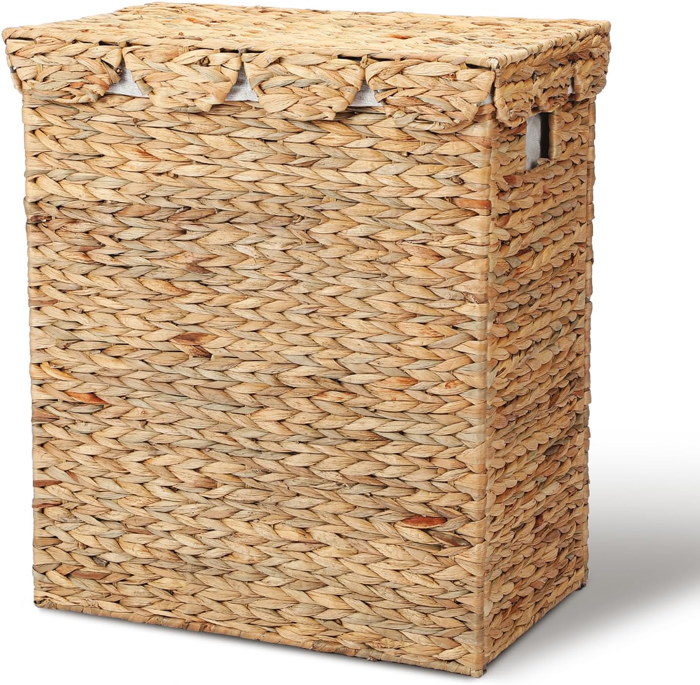 Leinuosen Large Scalloped Laundry Basket with Lid and Removable Liner Bag Natural Woven Water Hyacinth Laundry Hamper Rectangular Hamper for Clothes Towel Bathroom Bedroom, 19.69 x 11.81 x 23.62 Inch