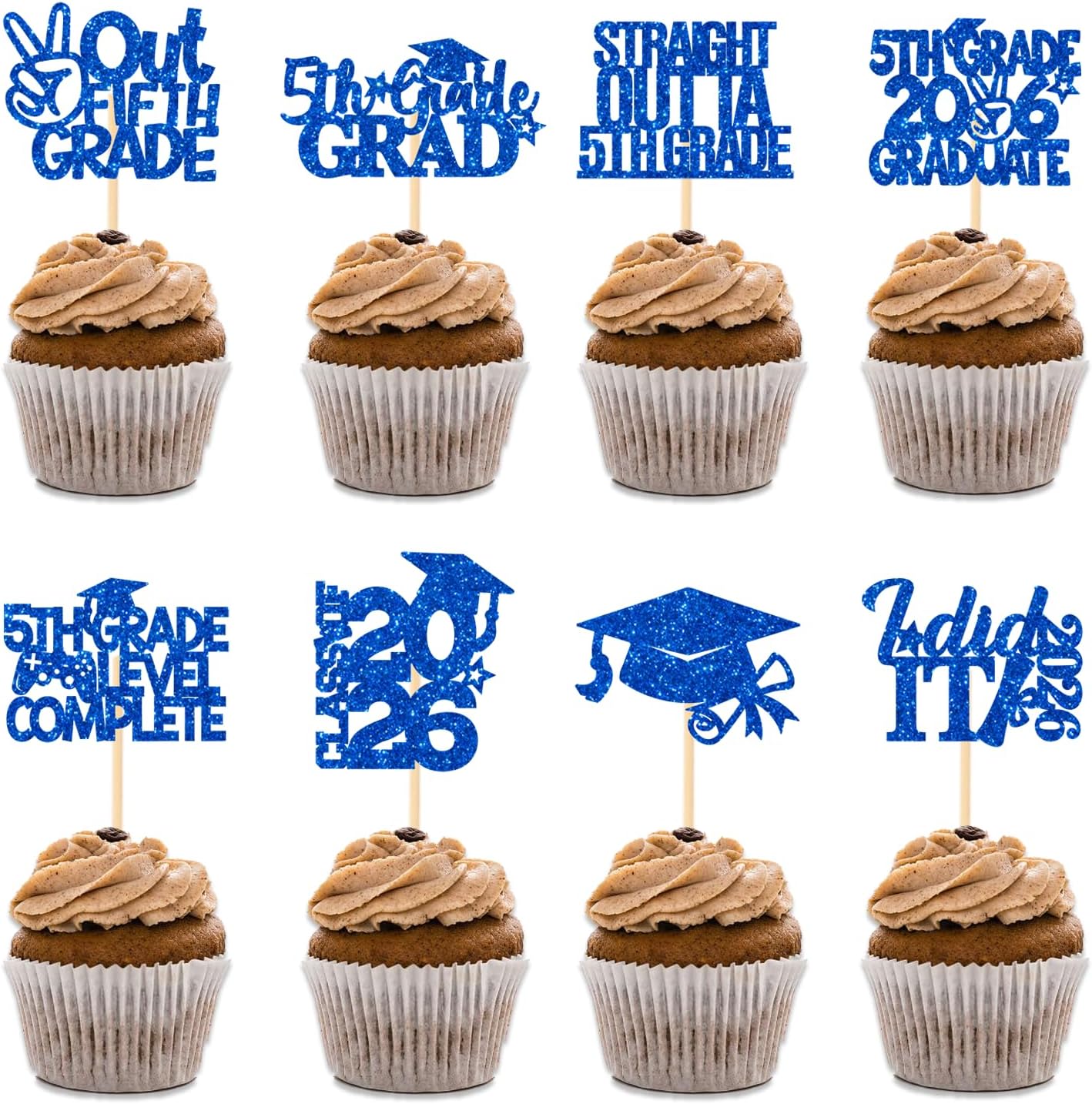 32 Pieces Blue Glittery 5th Grade Grad Cupcake Toppers Class of 2026 5th Grade Graduate Peace out Fifth Grade Cupcake Picks with Grad Cap Diploma 2026 Graduation Cupcake Party Decorations