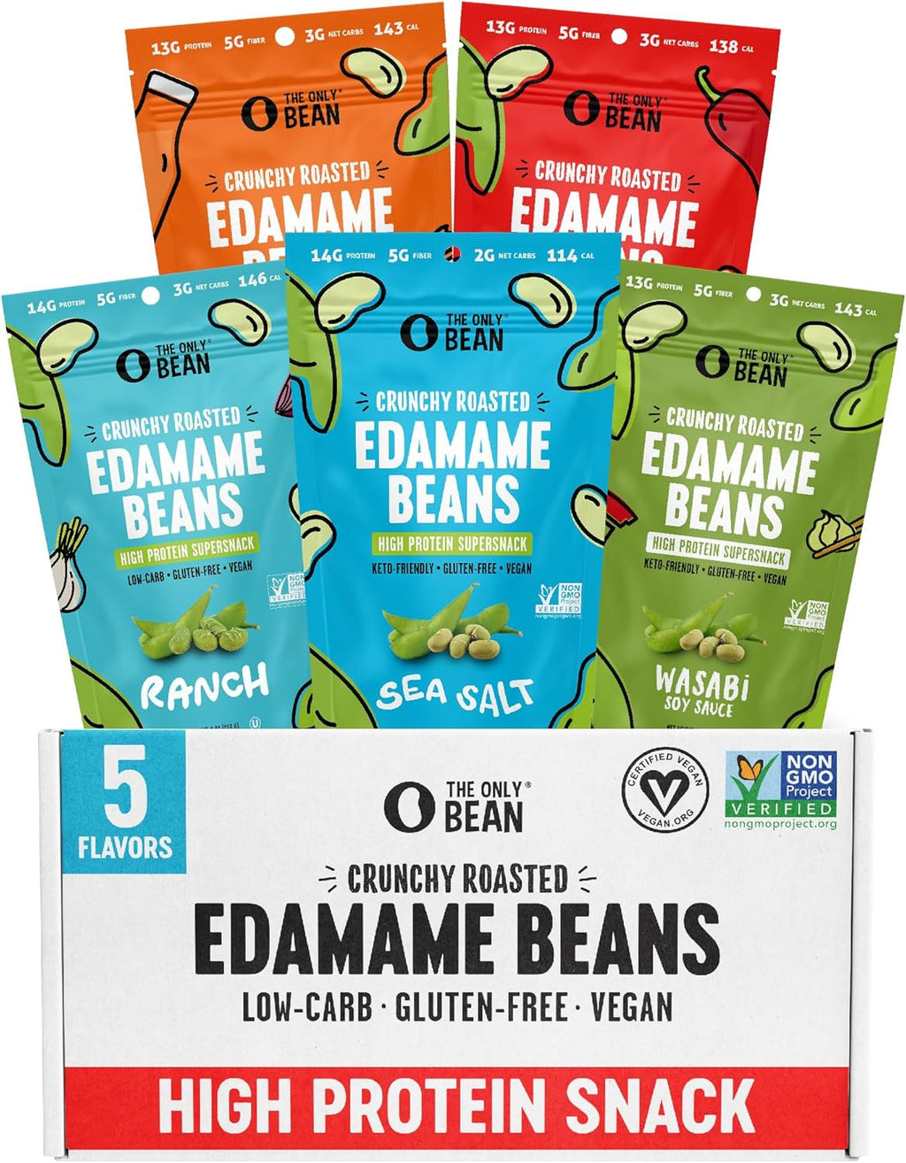 The Only Bean Crunchy Roasted Edamame Bean Snacks (5 Flavors), Healthy Snacks for Kids and Adults, High Protein Snacks, Low Carb Snack, Keto-Friendly, Gluten-Free, Vegan, 4 Ounce (Pack of 5)