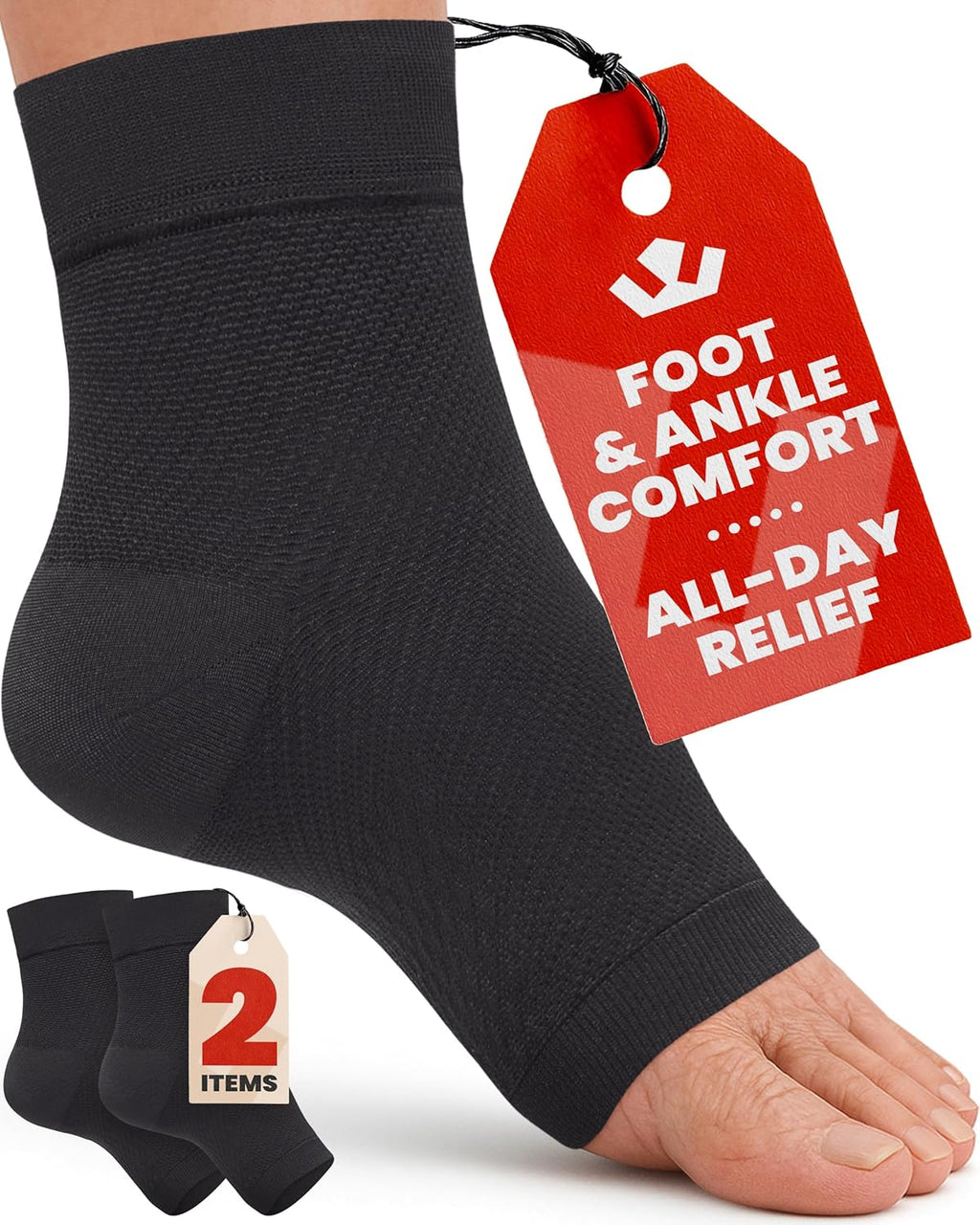KEMFORD Ankle Compression Sleeve - 1-Pair, Plantar Fasciitis Braces - Open Toe Compression Socks for Swelling, Sprain, Neuropathy, Foot Arch Support for Men and Women - 20-30mmhg, L, Black
