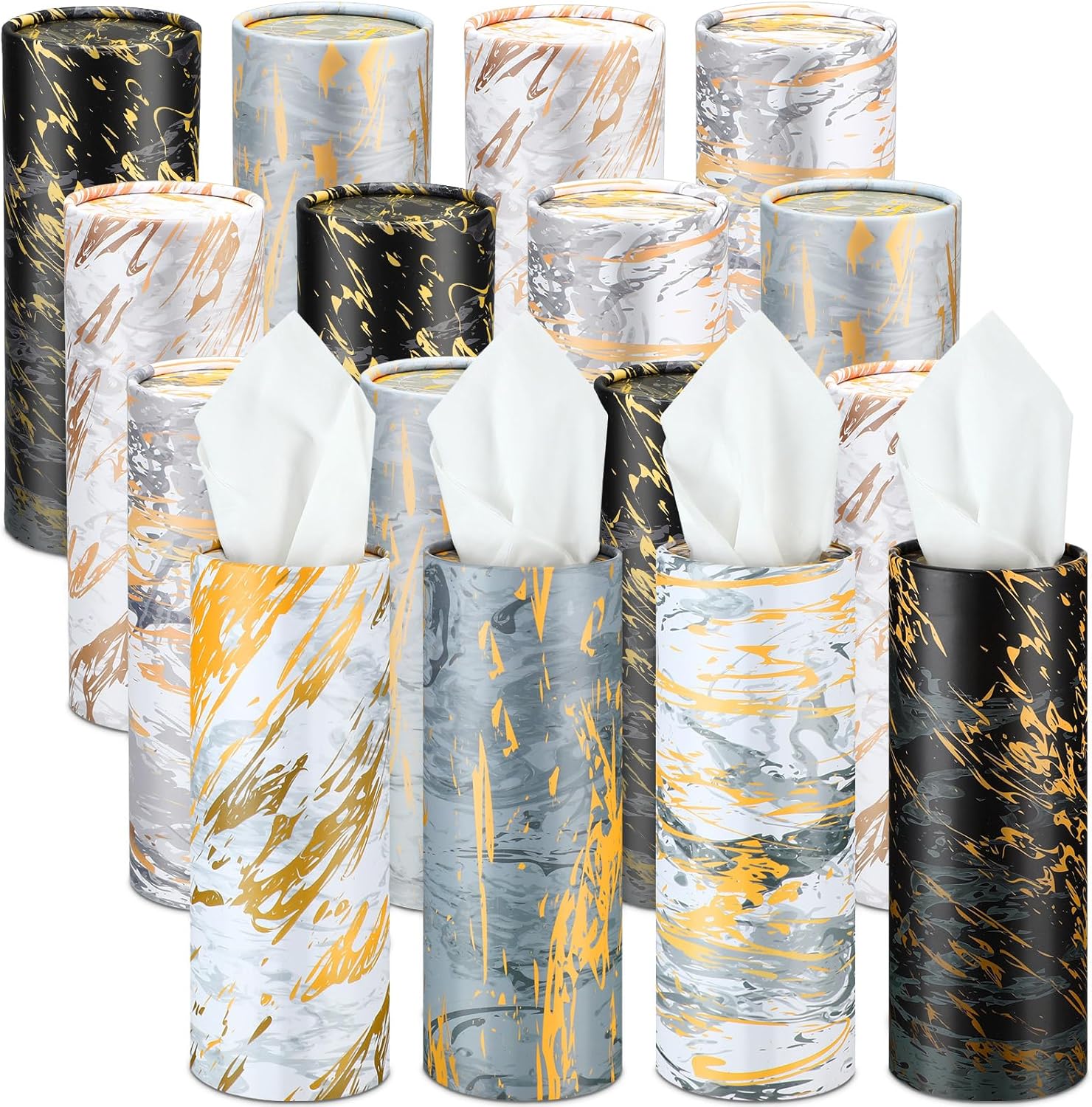 Thenshop 16 Pack Car Tissue Holder 3 Ply Facial Tissue Bulk Marble Modern Tissues Cylinder Travel Round Boxes Fits Car Cup Holders Small Tissues Container for Home Bathroom Everyday Refill