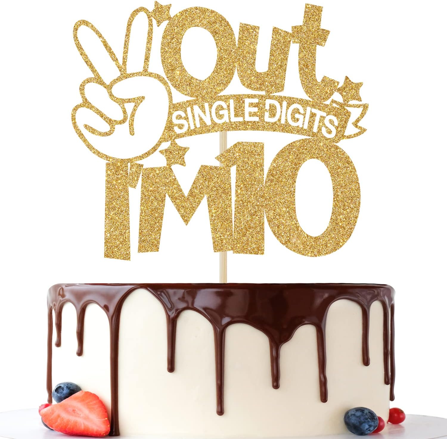 Out Single Digits I'm 10 Cake Topper, Double Digits 10, for Boys Girls 10th Birthday Decorations, Happy 10th Bithday Decorations Gold Glitter