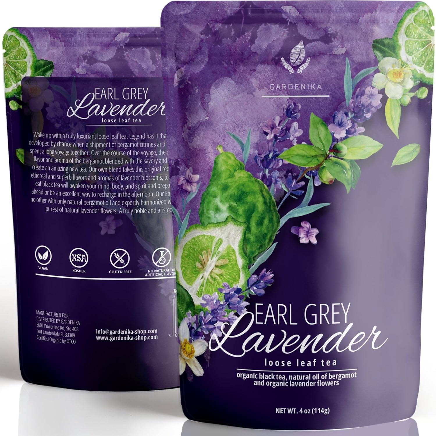 Gardenika Organic Earl Grey Loose Leaf Tea with Lavender and Bergamot Oil, Caffeinated Black Leaves, Kosher, No Natural or Artificial Flavors - 4 oz