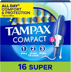 Tampax Compact Pearl Tampons, with LeakGuard Braid & Extendable Applicator, Super Absorbency, Compact Extendable Applicator, Unscented, 16 Count (Packaging May Vary)