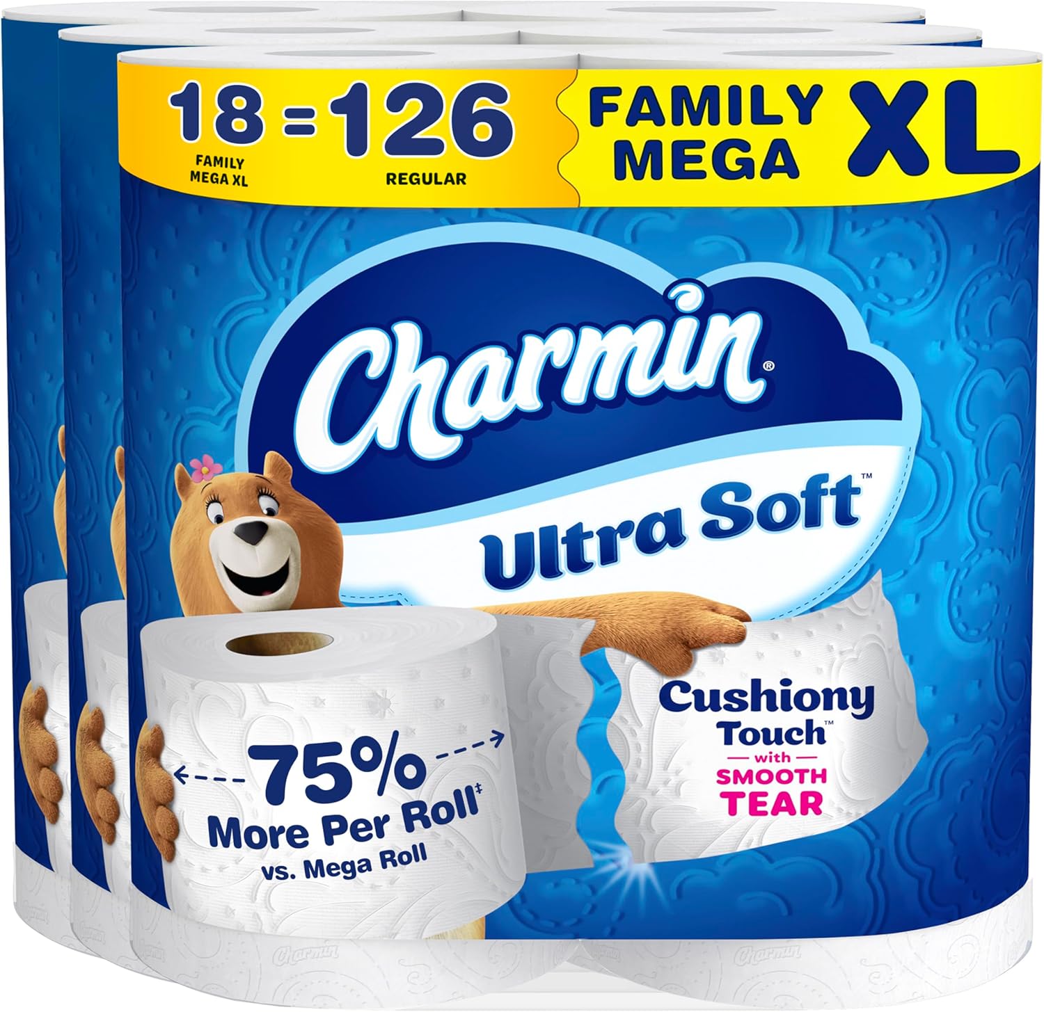 Charmin Ultra Soft Cushiony Touch Toilet Paper, 18 Family Mega XL = 126 Regular Rolls, 2-Ply, White
