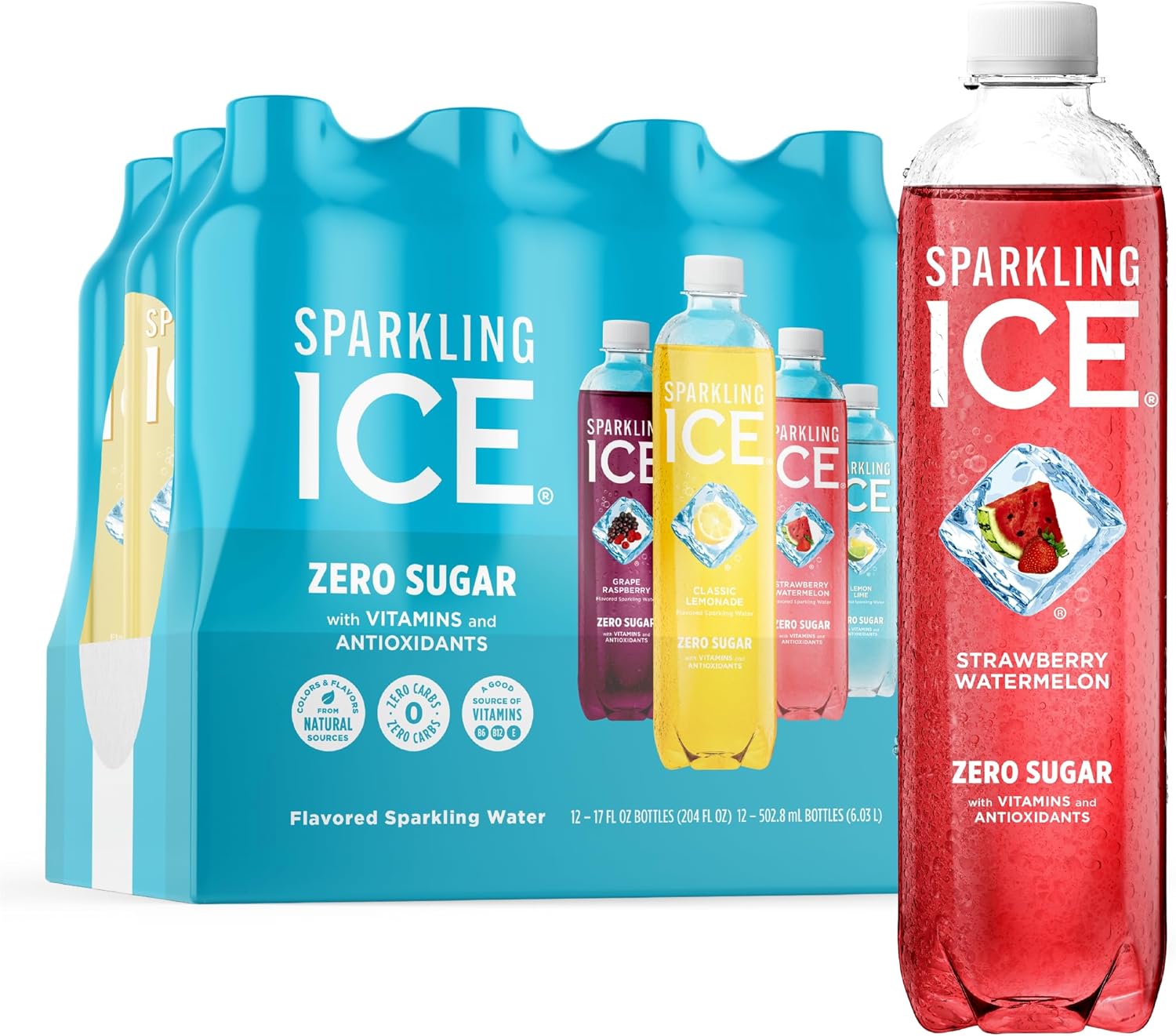 Sparkling Ice Blue Variety Pack, Zero Sugar Sparkling Water, with Vitamins and Antioxidants, 17 fl oz, 12 count (Classic Lemonade, Strawberry Watermelon, Grape Raspberry, Lemon Lime)