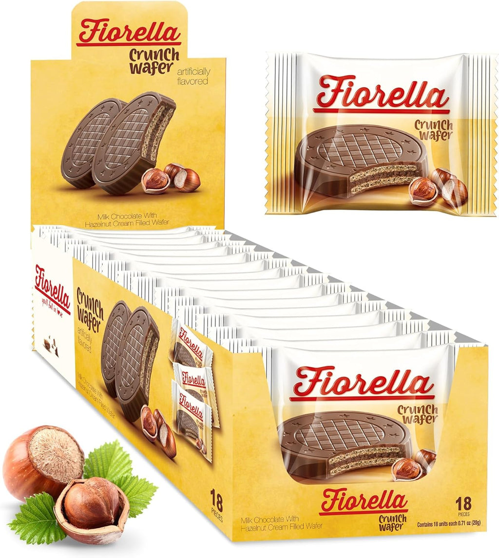 Fiorella Crunch Wafer Cookies - Delicious Chocolate Covered Crispy Thin Wafers with Layers of Hazelnut Cream Filling, Individually Wrapped, Perfect for Snacks, (Pack of 18)