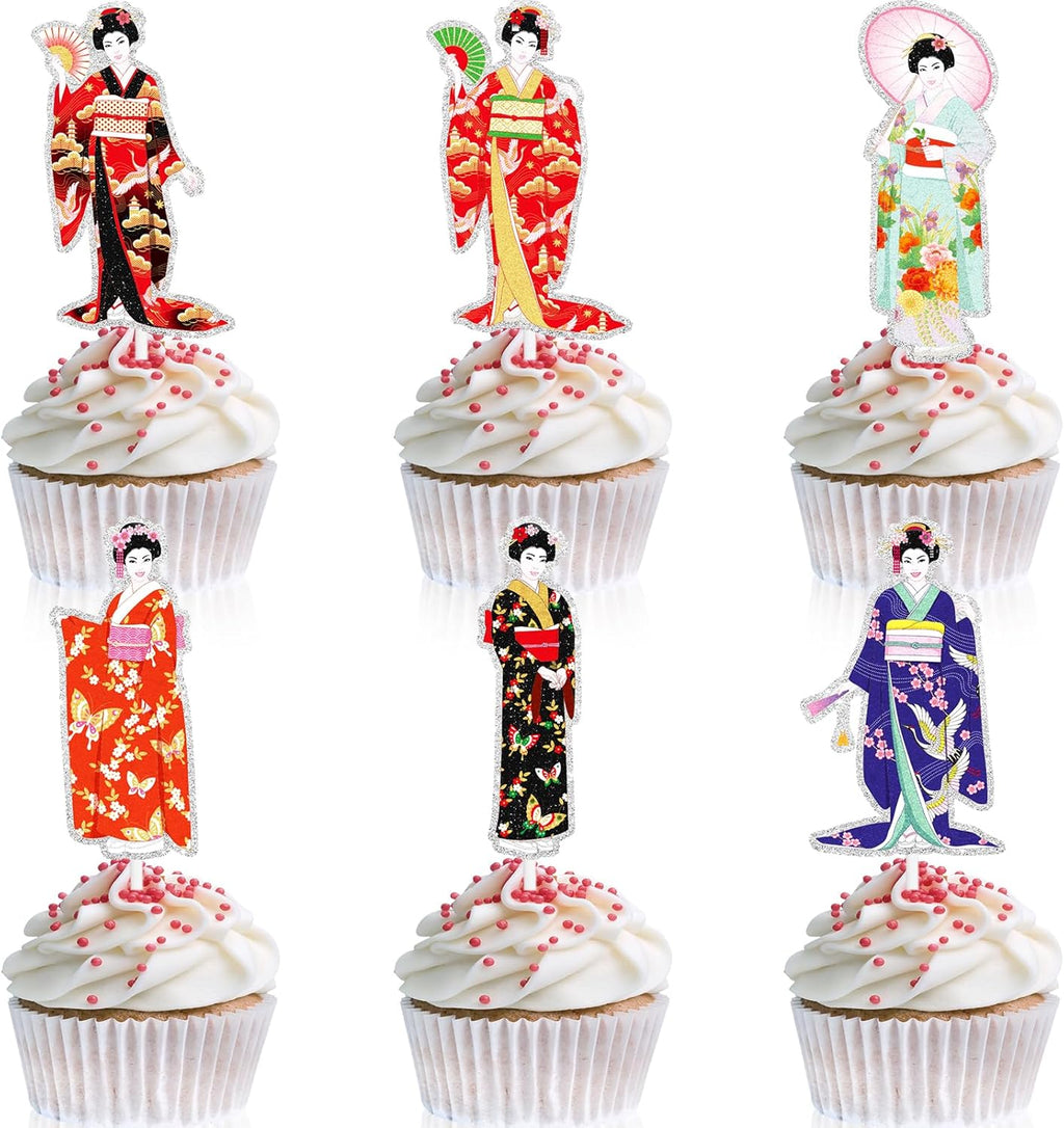 Japan party cupcake toppers，Kimono Kabuki-themed birthday party - are suitable for Japanes cherry blossoms birthday party and sushi party decorations - LIANGSS
