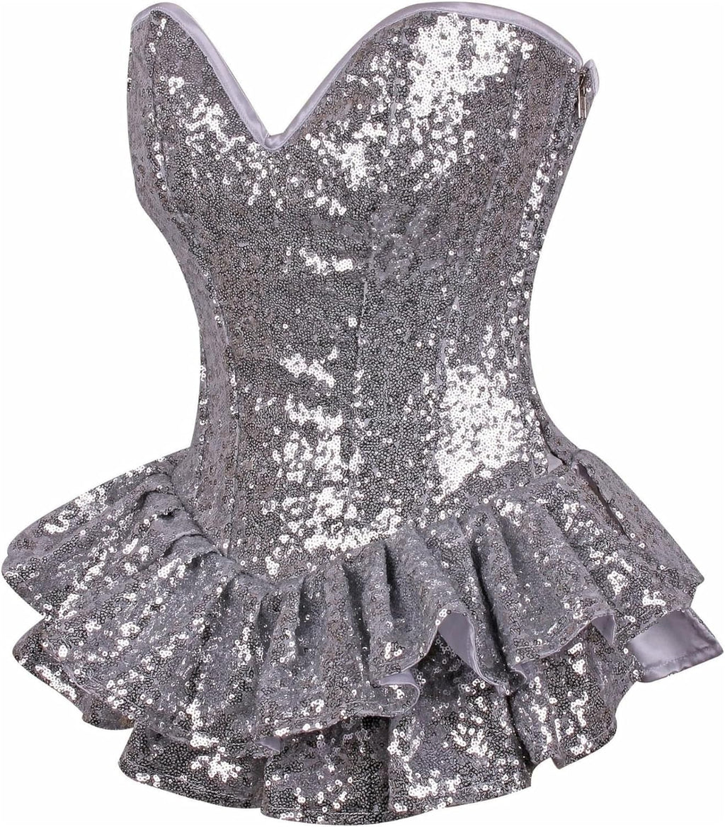 Daisy corsets Women's Top Drawer Silver Sequin Steel Boned Mini Corset Dress