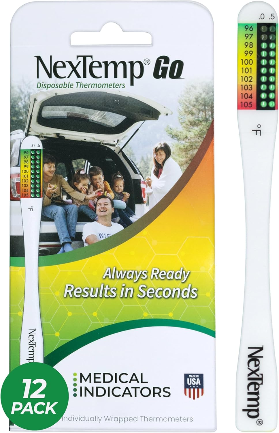 NexTemp Go Disposable Thermometer (12-Pack, Celsius) — Oral Thermometer for Adults, Single Use, Battery Free, Hygienic, Accurate Readings in 10 Seconds, for Home & Travel