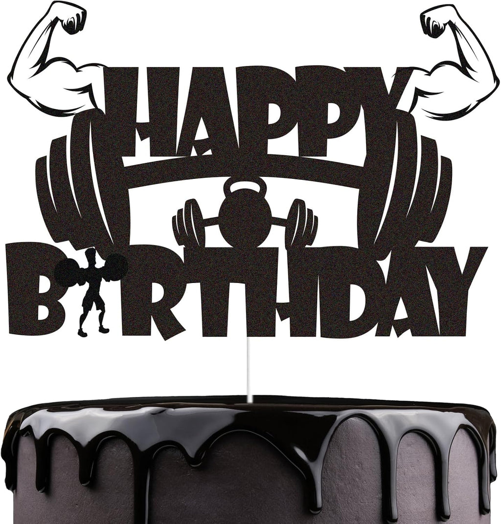Gym Fitness Happy Birthday Cake Topper Black Glitter Cake Decorations Gym Sports Weightlifting Fit Fitness Barbell Boys Men Themed Birthday Party Supplies