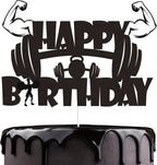 Gym Fitness Happy Birthday Cake Topper Black Glitter Cake Decorations Gym Sports Weightlifting Fit Fitness Barbell Boys Men Themed Birthday Party Supplies