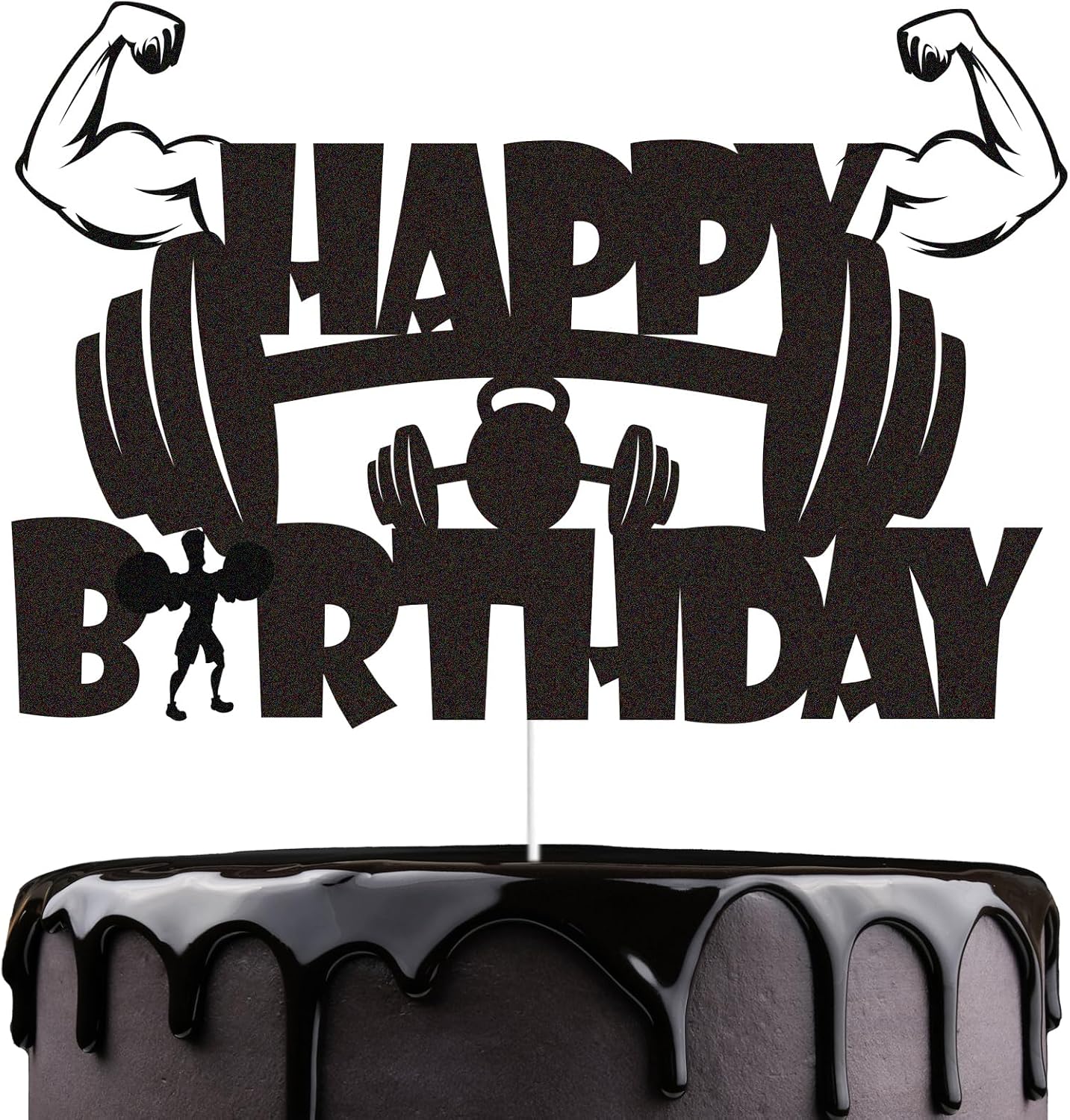 Gym Fitness Happy Birthday Cake Topper Black Glitter Cake Decorations Gym Sports Weightlifting Fit Fitness Barbell Boys Men Themed Birthday Party Supplies