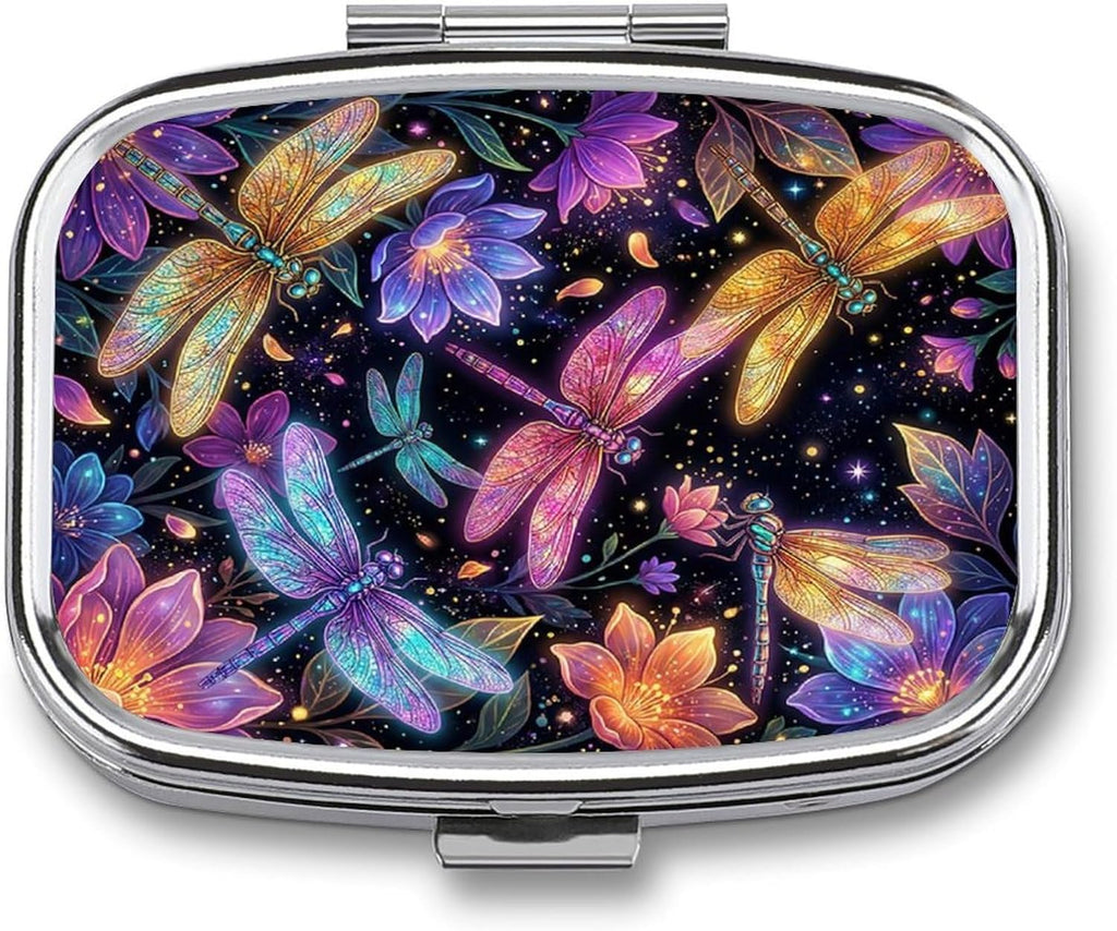 Metal 2 Compartment Pill Organizer Travel Friendly Portable Compact Pill Box Cute Pill Case,for Pocket Wallets Daily Portable Medicine Vitamin Tablet Storage (Painted Dragonfly)