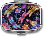 Metal 2 Compartment Pill Organizer Travel Friendly Portable Compact Pill Box Cute Pill Case,for Pocket Wallets Daily Portable Medicine Vitamin Tablet Storage (Painted Dragonfly)