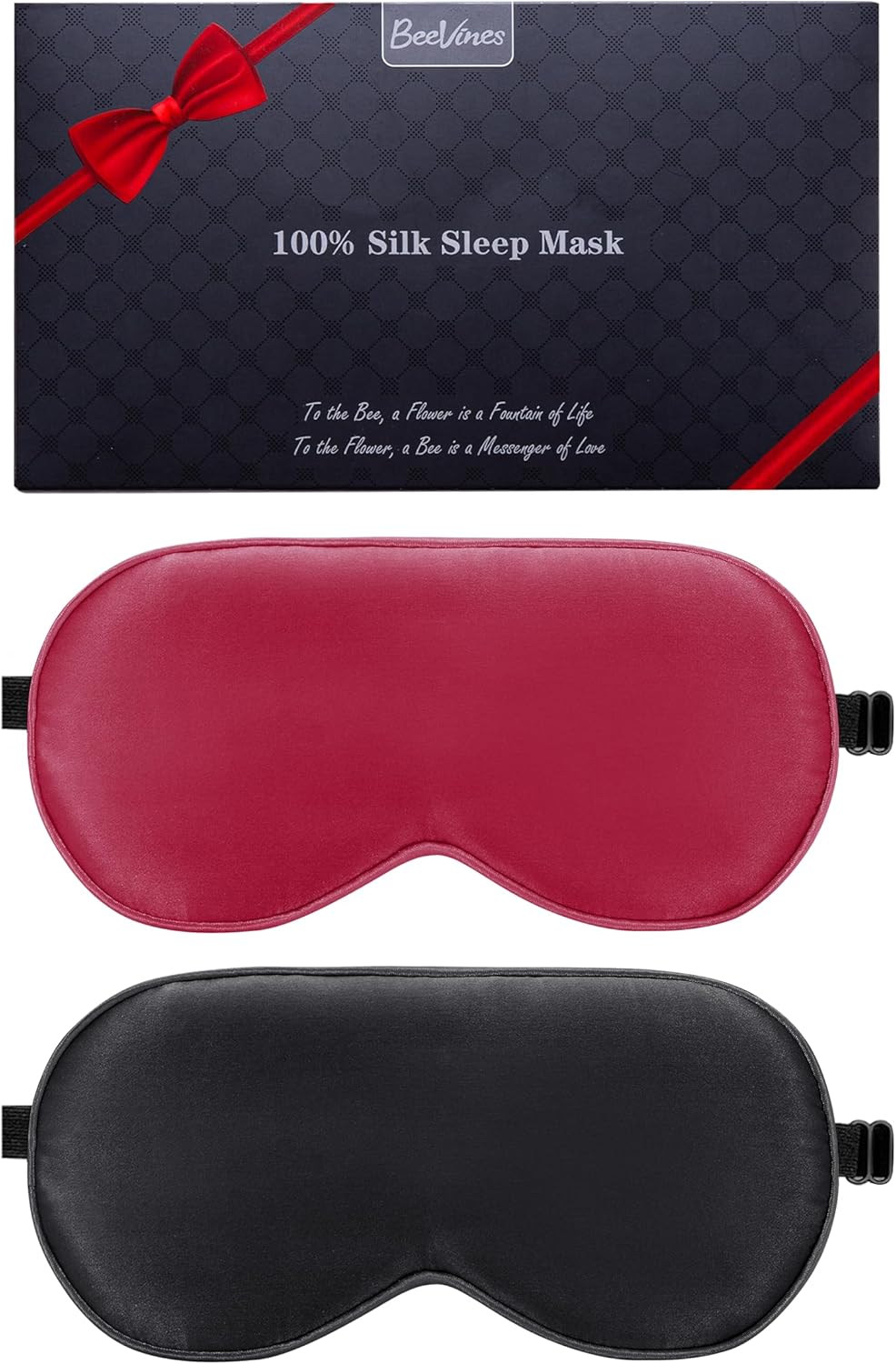 BeeVines 100% Real Mulberry Silk 2 Pack Sleep Mask, Pure Silk Eye Masks with Adjustable Strap for Sleeping, 100% Block Light Eye Shade Cover, Reduces Puffy Eyes Traveling Gifts(Black & Red)