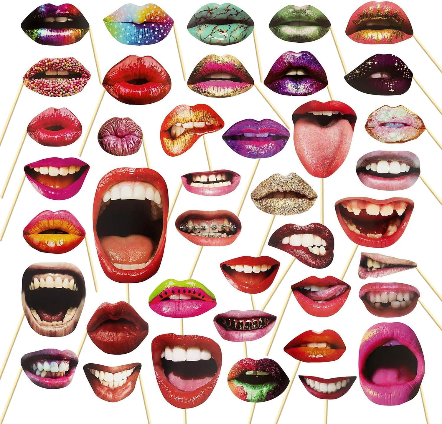 40Pcs Funny Lips Mouth Photo Booth Props with Sticks - Valentine's Day Party Selfie Accessories for Couples Date, Halloween, Birthday, Wedding & Graduation Decorations