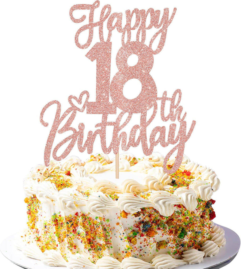 1 PCS Happy 18th Birthday Cake Topper Glitter Cheers to 18 Years Birthday Cake Pick Eighteen Hello 18 Fabulous Cake Decorations for Happy 18th Birthday Anniversary Party Supplies Rose Gold