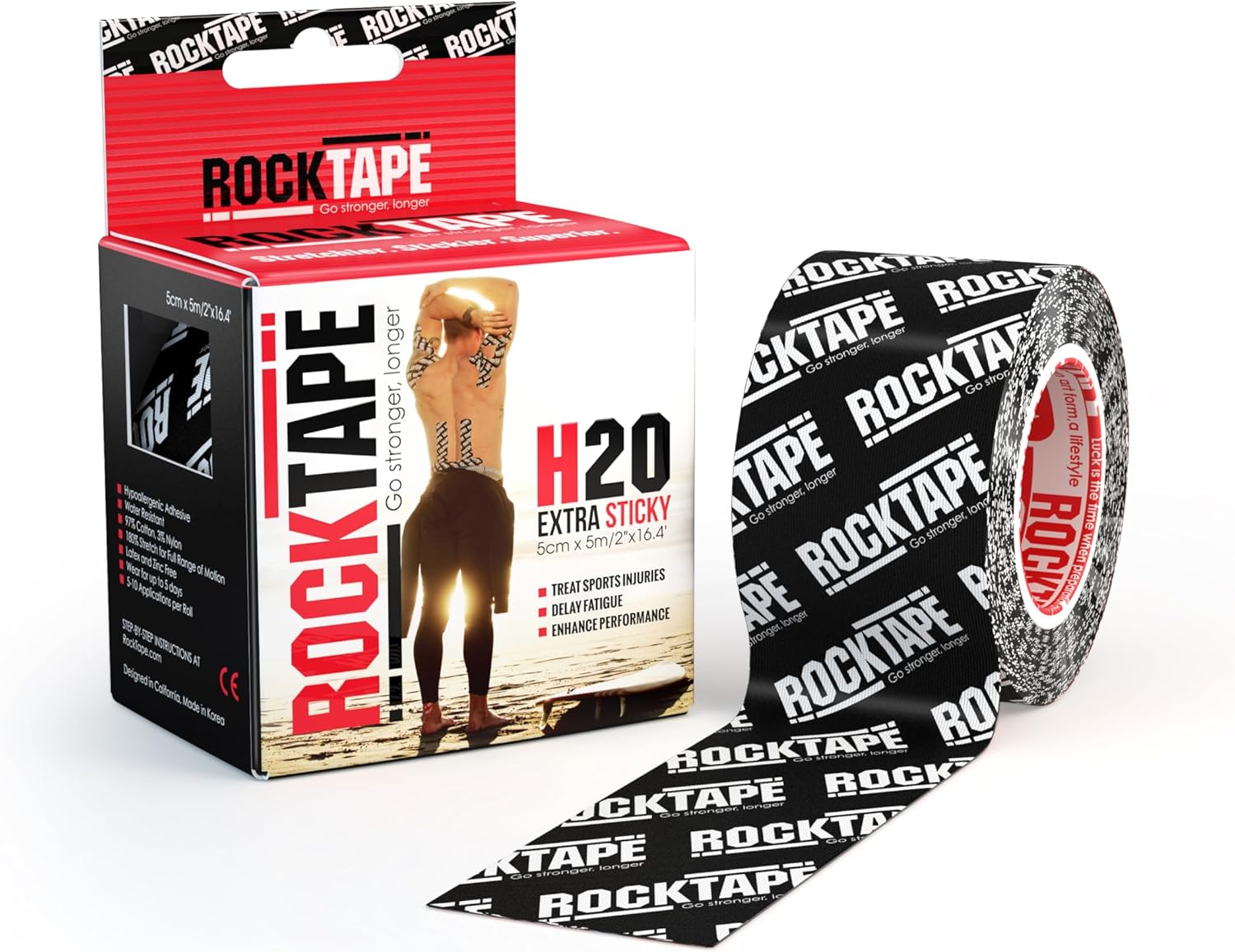 RockTape Extra Sticky Kinesiology Tape - Athletic Tape for Muscle Pain Relief, Injury Recovery - Microscopic Skin Lifting & Decompression - Sweat & Water Resistant