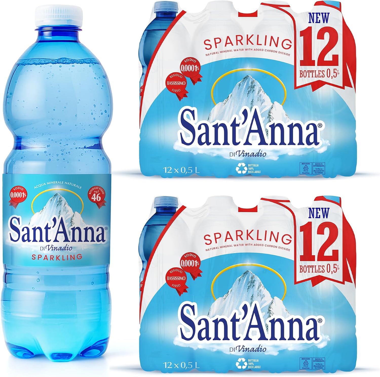 Sant'Anna Frizzante Sparkling Natural Mineral Water, 16.9 Fl Oz (24-Pack) | Pure Italian Alps Mountain-Fresh Drinking Water | Natural Functional Drink | Sodium-Free Mineral in BPA-Free Bottles