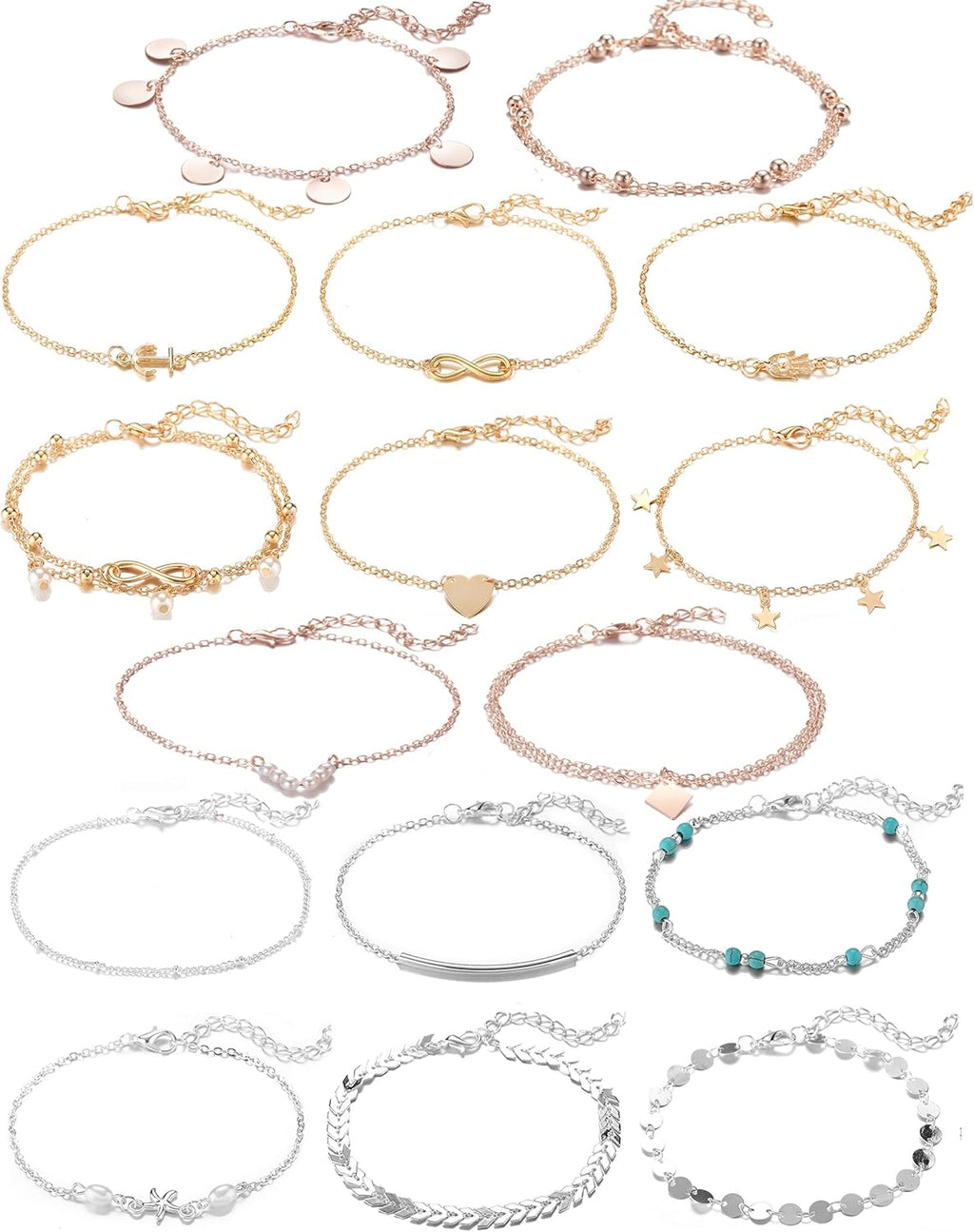 Softones 16Pcs Ankle Bracelets for Women Gold Silver Two Style Chain Beach Anklet Bracelet Jewelry Anklet Set,Adjustable Size