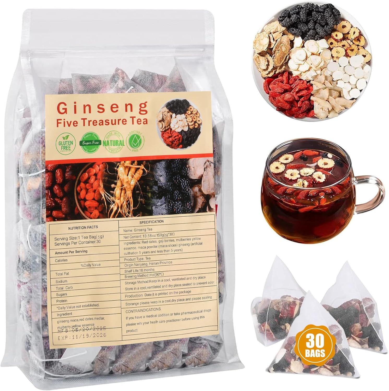 Kidney Tea 30 Bags Ginseng Six Treasure Tea Formula Traditional Chinese Herbal Kidney Cleanse Detox Repair for Women & Men