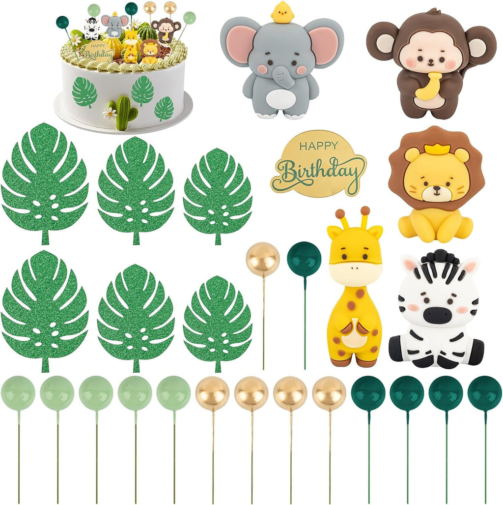 Framendino, 27 Pack Safari Animal Cake Toppers Cute Jungle Wild Theme with Elephant Giraffe Lion Monkey Glittery Tropical Leaves Top Decorationsfor Birthday Shower Party Decor