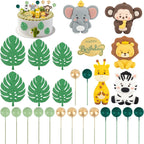 Framendino, 27 Pack Safari Animal Cake Toppers Cute Jungle Wild Theme with Elephant Giraffe Lion Monkey Glittery Tropical Leaves Top Decorationsfor Birthday Shower Party Decor