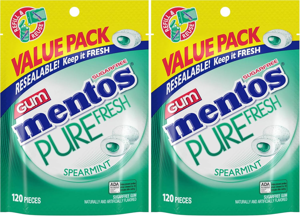 Mentos Pure Fresh Sugar-Free Chewing Gum with Xylitol, Spearmint, 120 Piece Bulk Resealable Bag (Pack of 2)