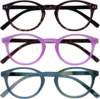 OPULIZE ZEN Reading glasses for Women Men,Scratch Resistant Round frame with Spring Hinges, Dark Brown,Pink,Turquoise Blue +1.5 (Pack of 3)