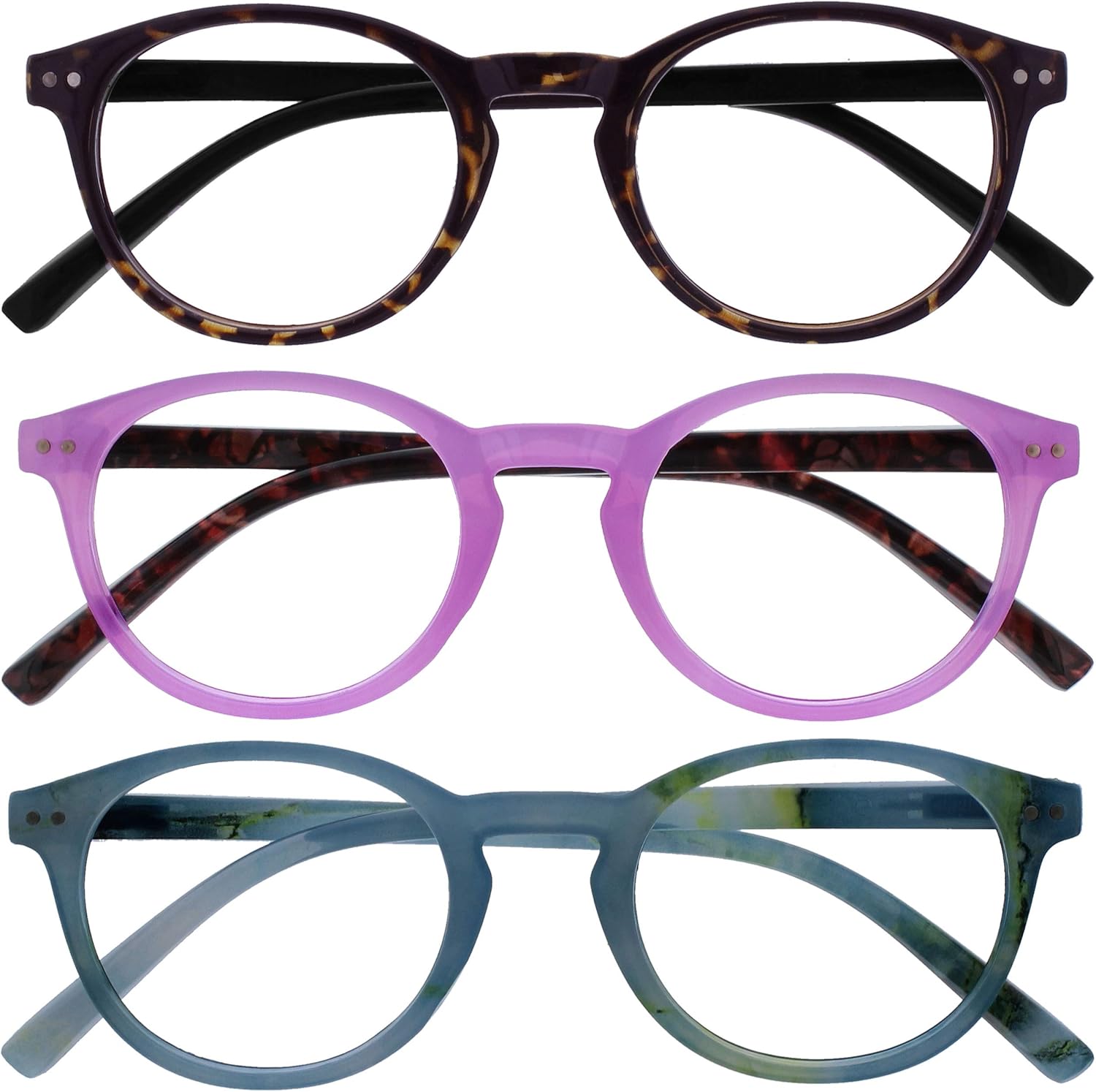 OPULIZE ZEN Reading glasses for Women Men,Scratch Resistant Round frame with Spring Hinges, Dark Brown,Pink,Turquoise Blue +1.5 (Pack of 3)