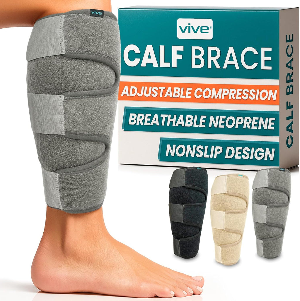 Vive Calf Brace - Adjustable Shin Splint Support - Lower Leg Compression Wrap Increases Circulation, Reduces Muscle Swelling - Calf Sleeve for Men and Women - Pain Relief (Gray)