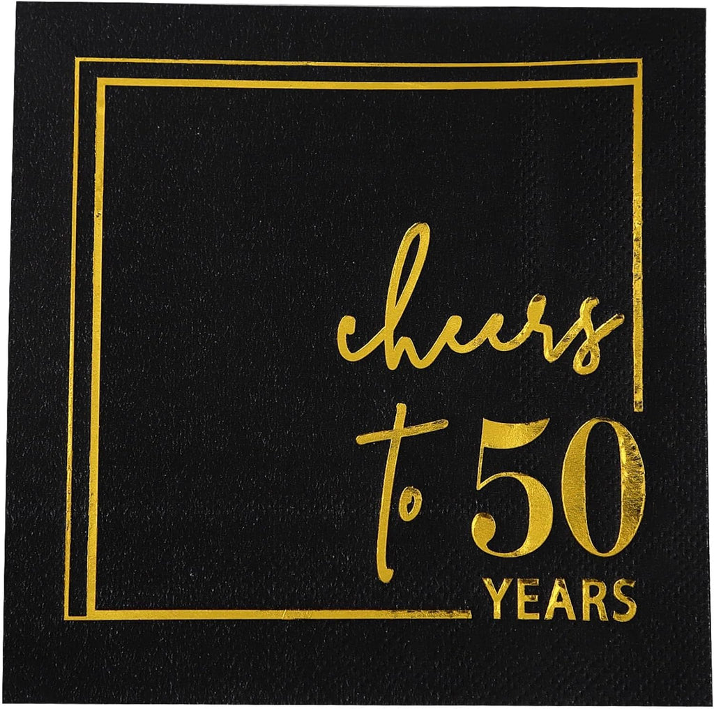Cheers to Years Cocktail Napkins - 50 PK - 3-Ply Birthday Napkins 5x5 Inches Disposable Party Napkins Beverage Paper Napkins or Birthday Decorations Wedding Anniversary Black and Gold (50 Years)