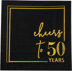 Cheers to Years Cocktail Napkins - 50 PK - 3-Ply Birthday Napkins 5x5 Inches Disposable Party Napkins Beverage Paper Napkins or Birthday Decorations Wedding Anniversary Black and Gold (50 Years)