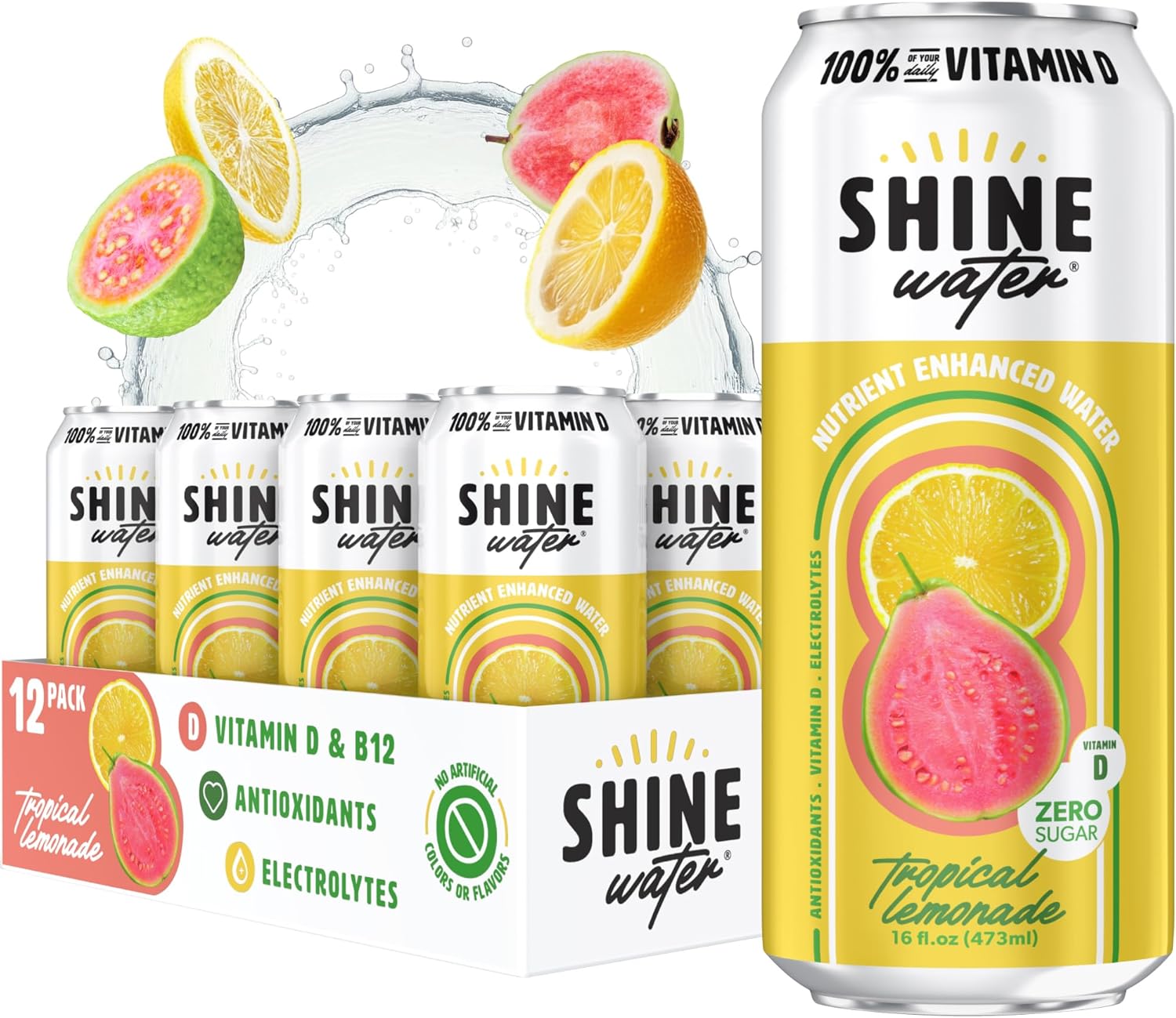 Shine Water Tropical Lemonade Vitamin D Electrolyte Drinks 12-Pack, Sugar Free Flavored Water with Magnesium, Zinc & Antioxidants, Low Calorie Hydration Beverage, Plant-Based Vitamin Water Zero Sugar