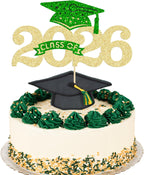 Ephlyn 1Pcs Class of 2026 Cake Topper Glitter Graduation Cap Cake Pick 2026 Congrats Grad Cake Decoration for 2026 Theme Party Decorations Supplies Gold Green