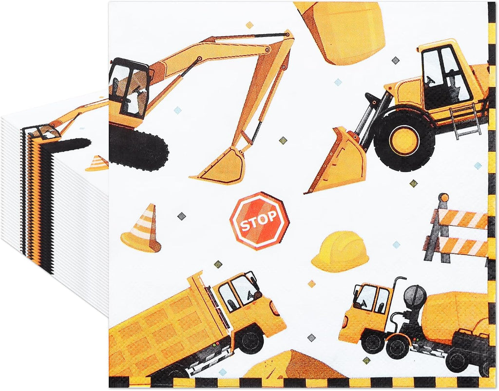 40 Pack Construction Party Paper Napkins – 13 x 13 Inches Disposable Napkins with Excavator, Dump Truck, Cement Mixer, and Traffic Sign Designs for Birthday Parties and Construction-Themed Events