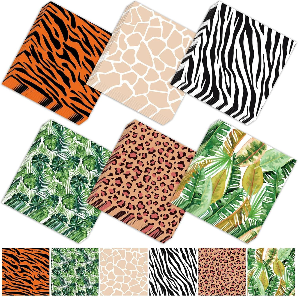 120Pcs Jungle Safari Wild Animal Party Supplies Disposable Jungle Zoo Animal Print Tropical Paper Napkins for Birthday Party, Baby Shower and Safari Theme Decorations, 6 Style