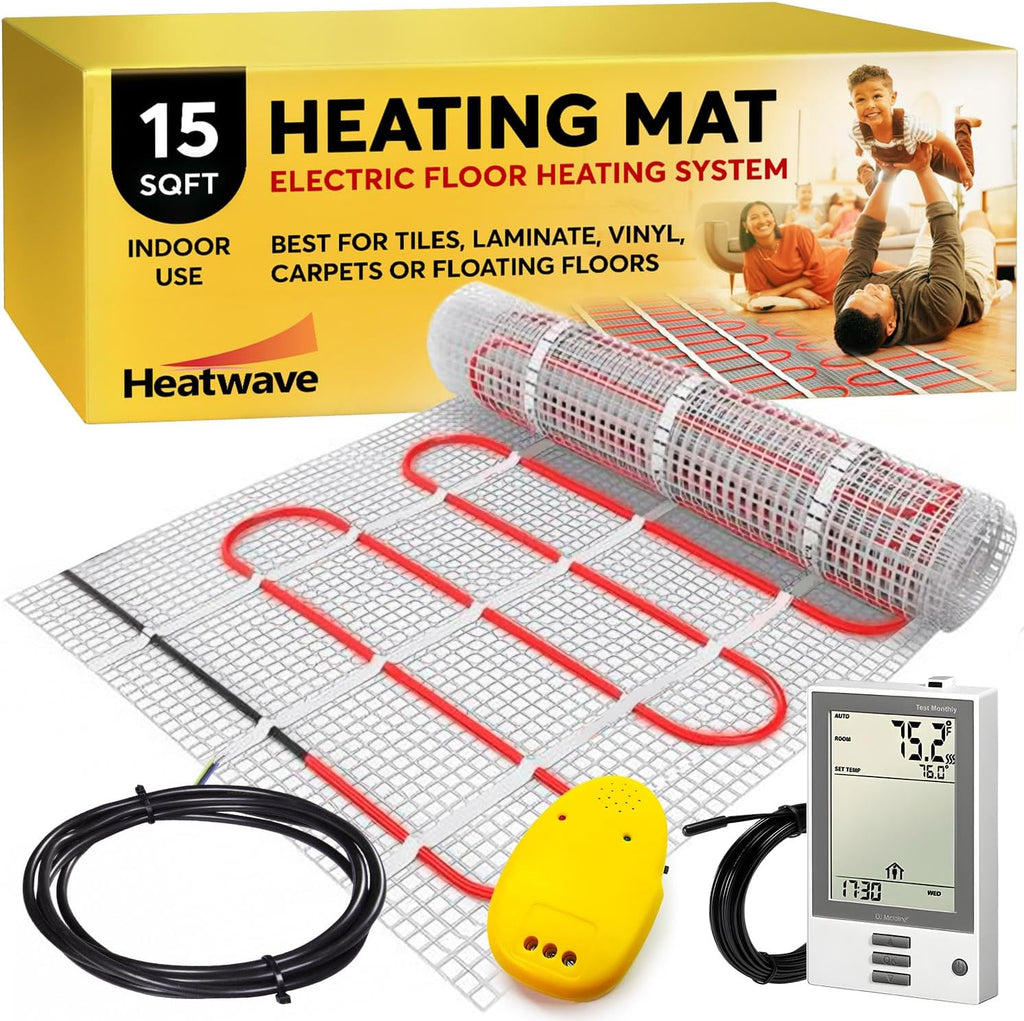 Electric Floor Heating System for Tile 15 sqft 120V 1.5Amps 180Watts-Heated Flooring System for Bathroom Floor Heating Kit Underfloor Comfort Heat 7Day/4Event Programmable GFCI Thermostat by Heatwave