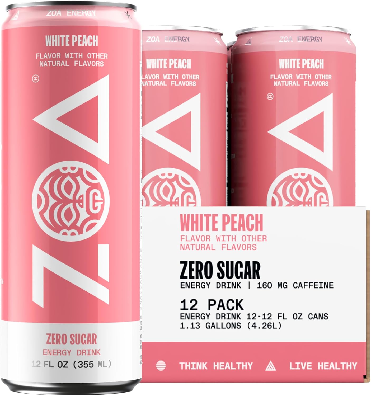 ZOA Zero Sugar Energy Drinks - White Peach | Healthy Energy Formula with Natural Caffeine, Daily Vitamin C, Essential B-Vitamins | Gluten-Free, Keto Friendly | 12 Ounce Cans (Pack Of 12)