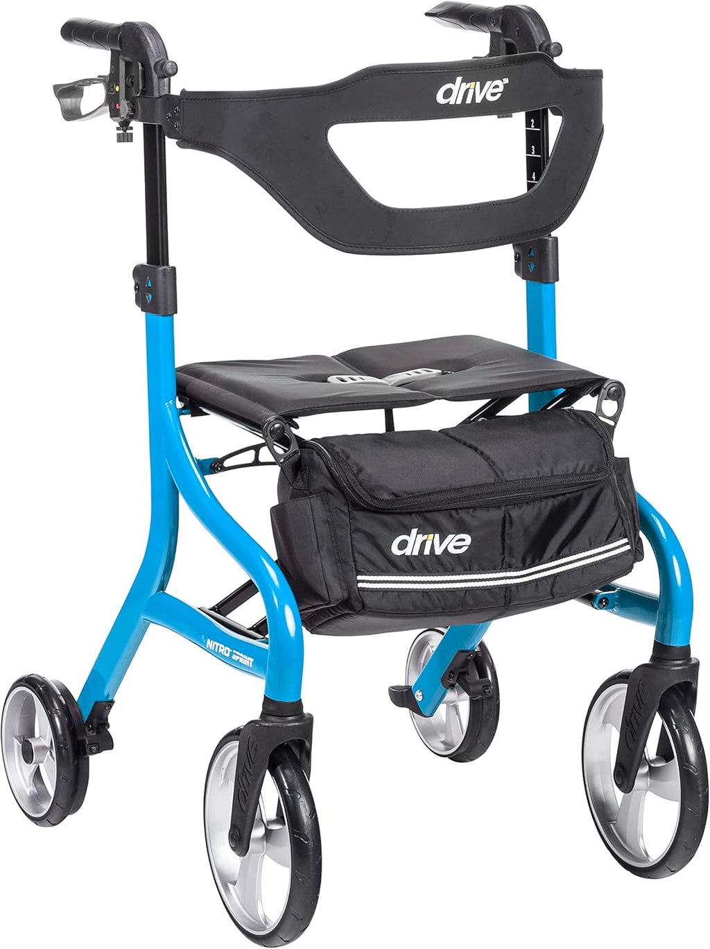 Drive Medical Nitro Sprint Foldable Rollator Walker with Seat, Tall Height Lightweight Rollator with Large Wheels, Folding Rollator, Four Wheel Rolling Walker, Blue