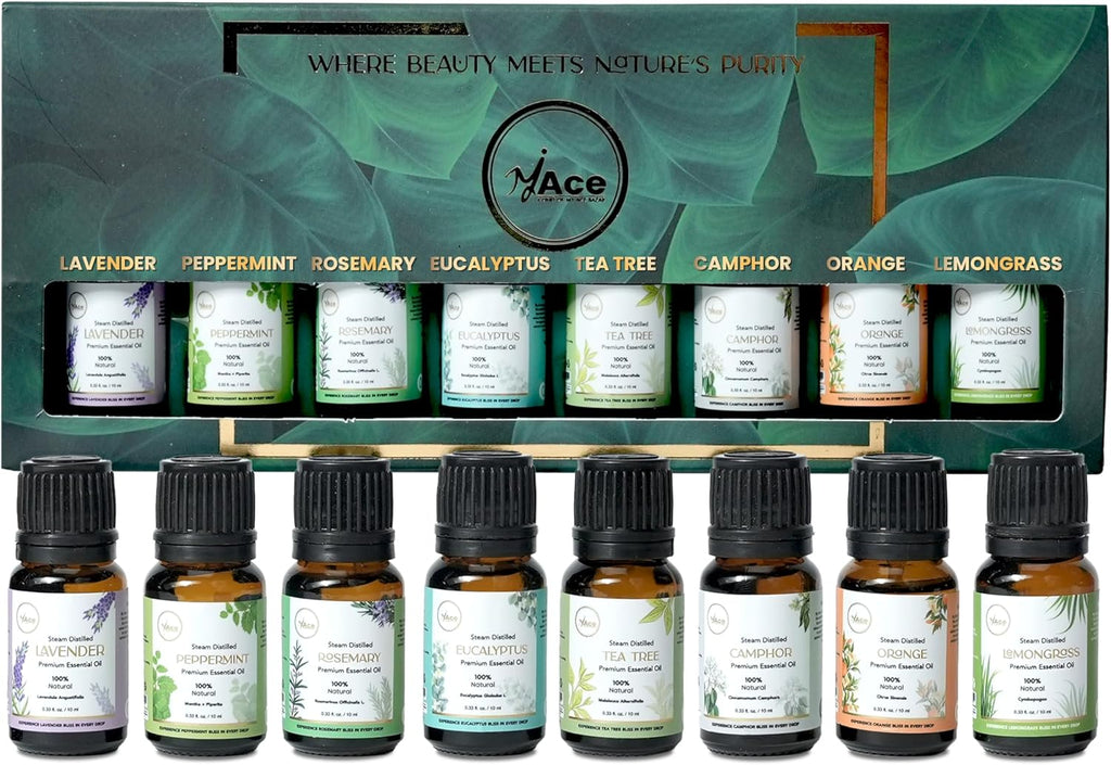 My ACE Pure Aromatherapy Pure Essential Oil Kit for Diffuser for Home, Candle Making Peppermint, Lavender, Eucalyptus, Tea Tree, Rosemary, Camphor, Lemongrass, Orange | 0.33 oz Each Set of 8