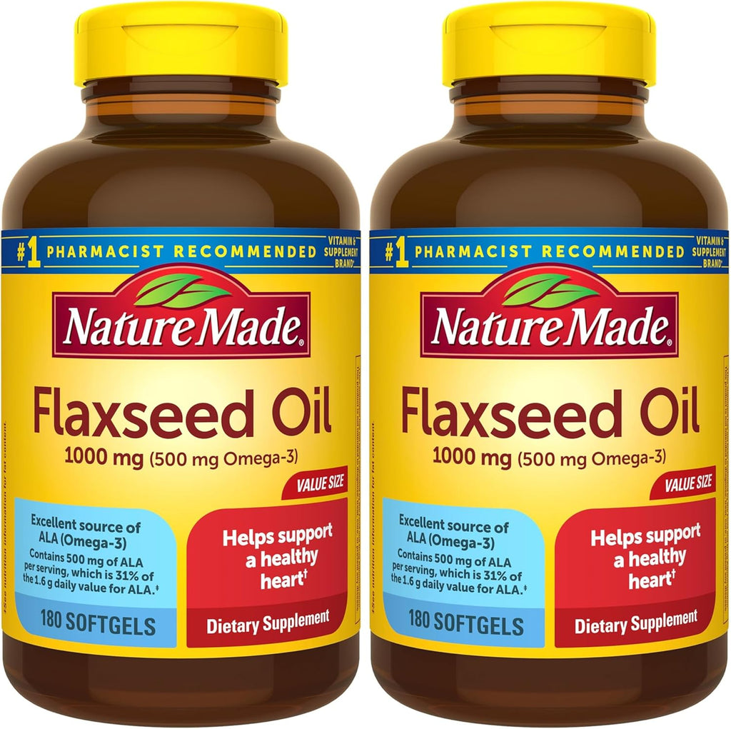 Nature Made Flaxseed Oil 1000 mg, Dietary Supplement for Heart Health Support, 180 Softgels (Pack of 2)