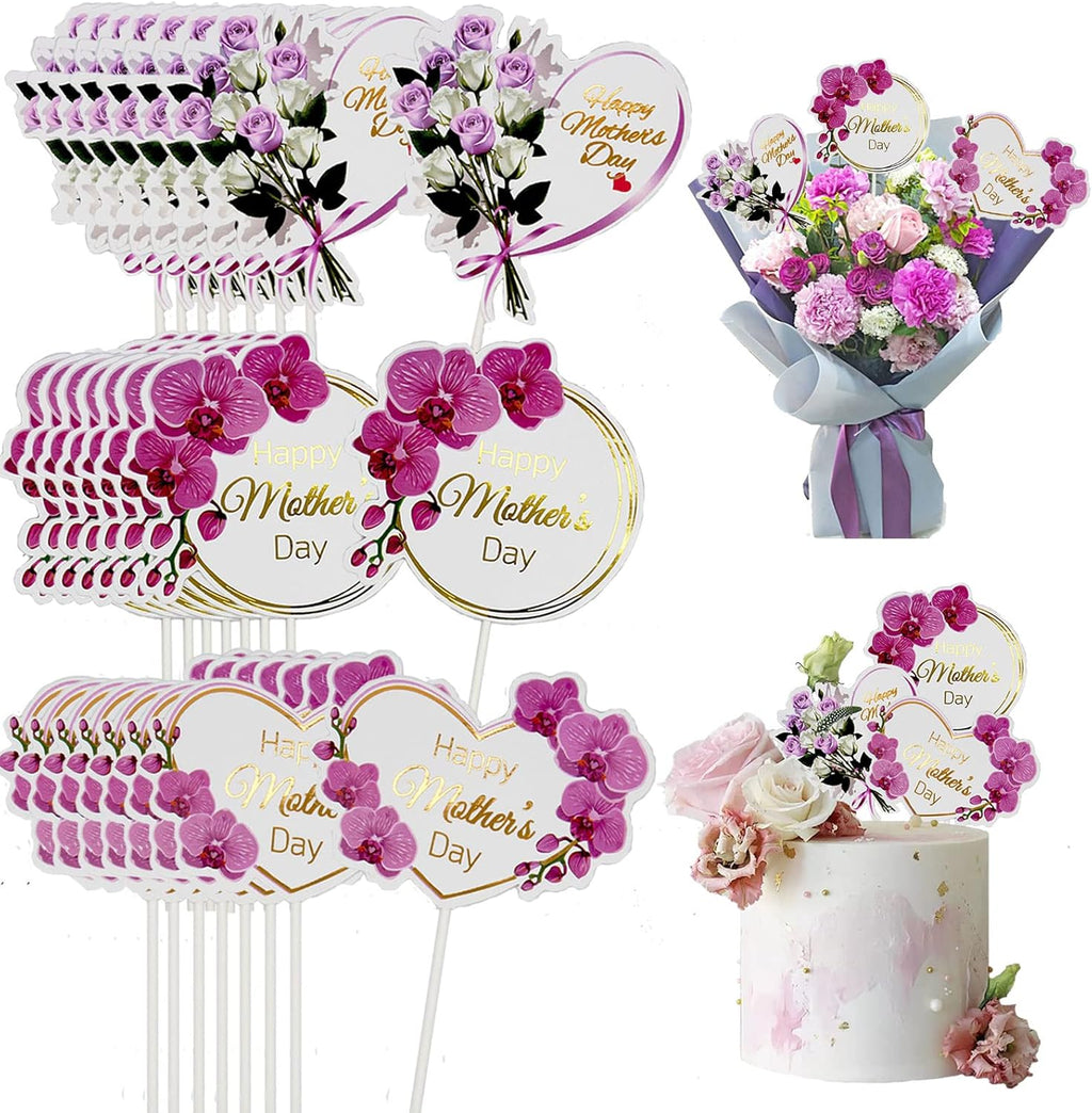 24pcs Happy Mother's Day Cupcake Toppers, Heart Round Butterfly Orchid Rose Flower Cupcake Picks, Cake Decoration for Birthday Mother's Day Party Favors Supplies Favors