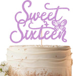 Sweet Sixteen Cake Topper - Purple Glitter Butterfly Theme Sweet 16 Birthday Cake Decorating Supplies for Girls, Sweet 16 Cake Topper for Happy 16th Birthday Anniversary Party Photo Booth Props