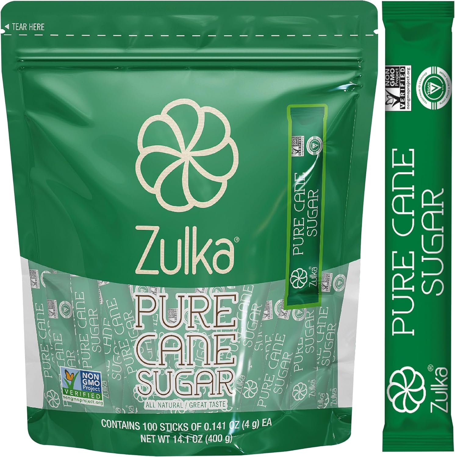 Zulka 100 Individual Sugar Packets for Coffee, 0.14 oz | All Natural & Non-GMO - Pure Cane Sugar Sticks, Azúcar Pura de Caña en Sobres Individuales, Breakroom Supplies, Coffee Condiments, Airbnb Essentials