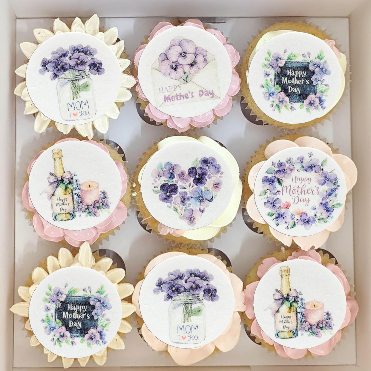 Gyufise 54Pcs Edible Happy Mother's Day Cupcake Toppers Wafer Paper Flower Mom I Love You Cake Dessert Pick Decorations for Women Birthday Party Supplies Purple
