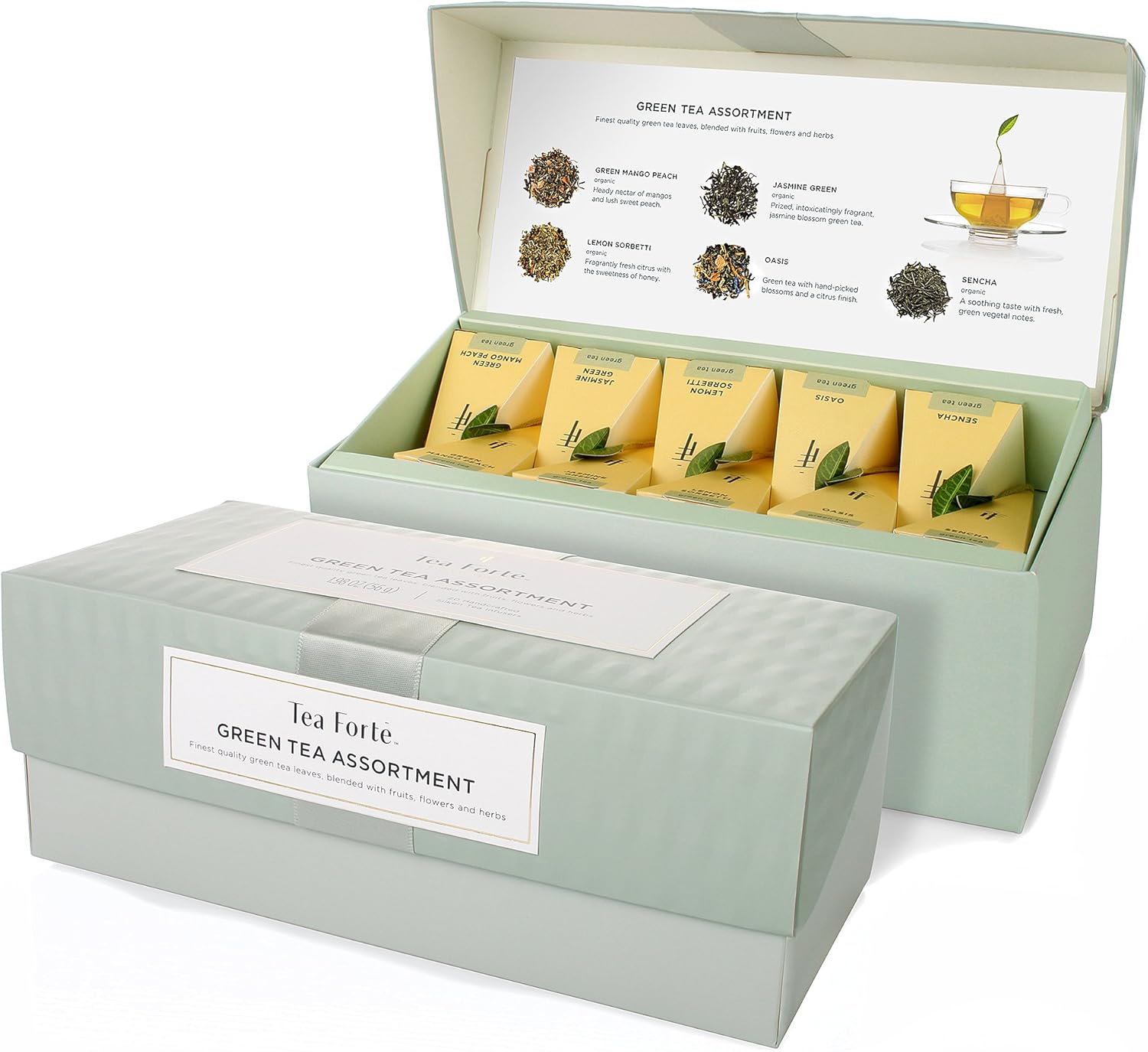 Tea Forte Premium Presentation Box Gift Set Sampler, 20 Count, Assorted Blends Individually Wrapped Handcrafted Pyramid Infuser Bags, Green Tea